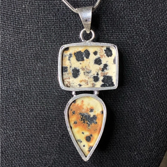 Sterling Silver Spotted Jasper Cabochon Pendant on Snake Chain Necklace 20” Long - Picture 3 of 7